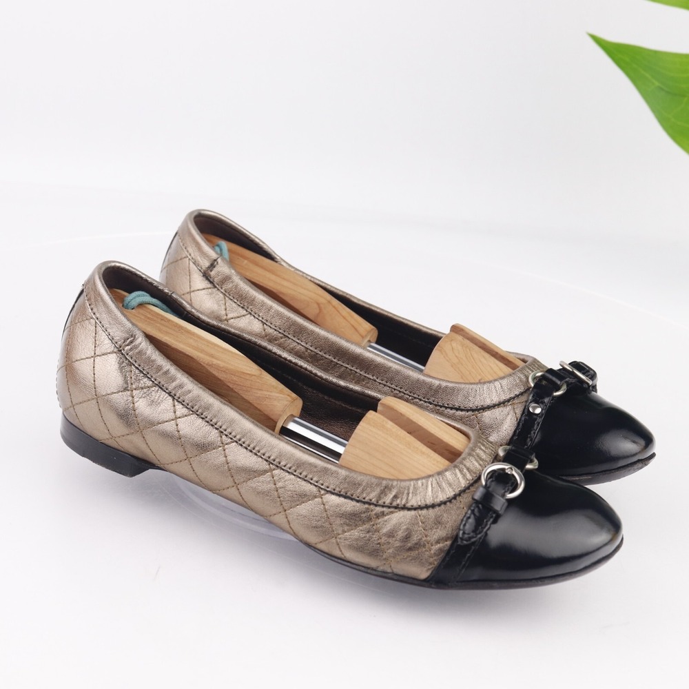 AGL Womens Ballet Flats Size 39 9 Quilted Bronze Gold Leather Black Cap Toe Shoe - Picture 2 of 14